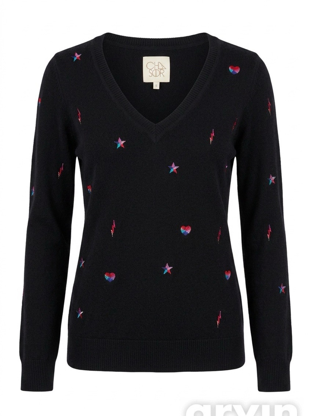 Chaser Black V-Neck Embroidered Star Heart Lightning Bolt Pullover Sweater-Sz S